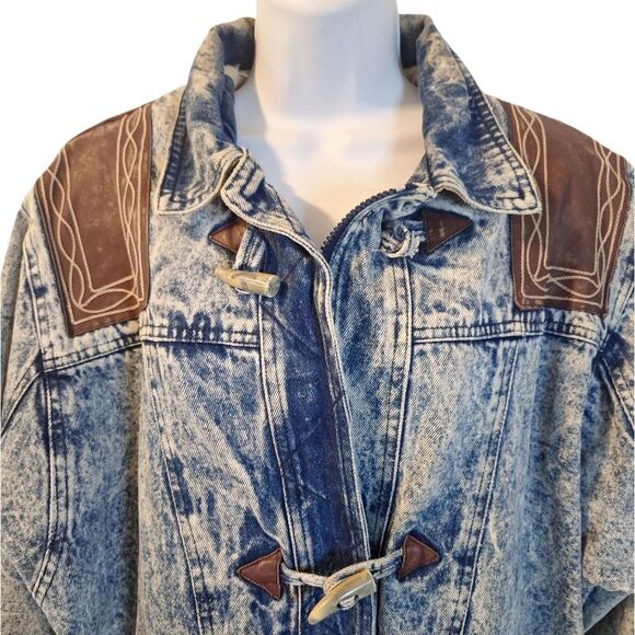 Izzi vintage 80s stone washed denim with leather accents long jacket/coat L - Picture 3 of 14